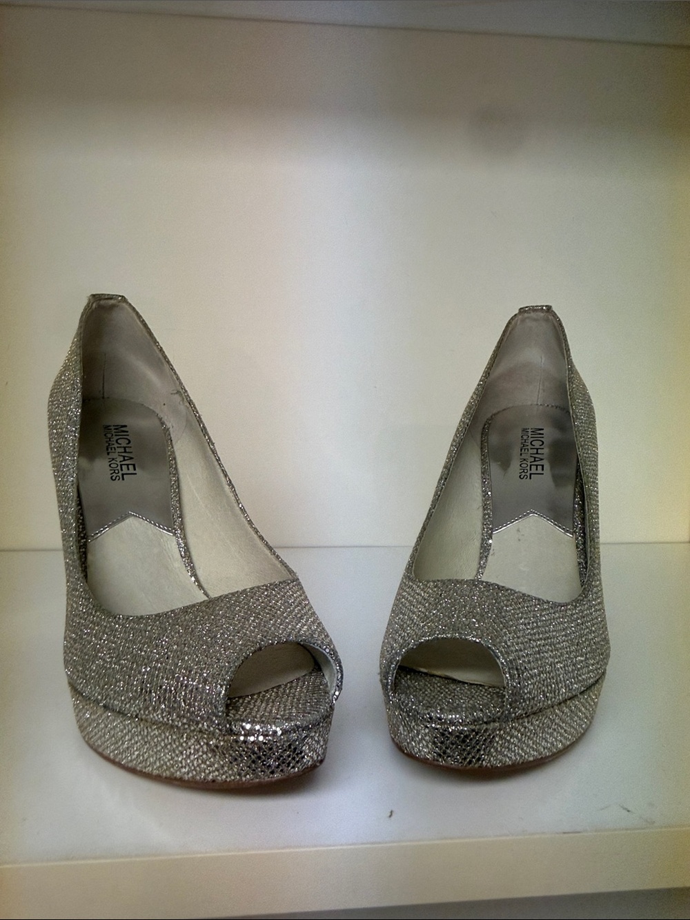 MICHAEL Michael Kors Silver Glitter Peep-Toe Platform Pumps